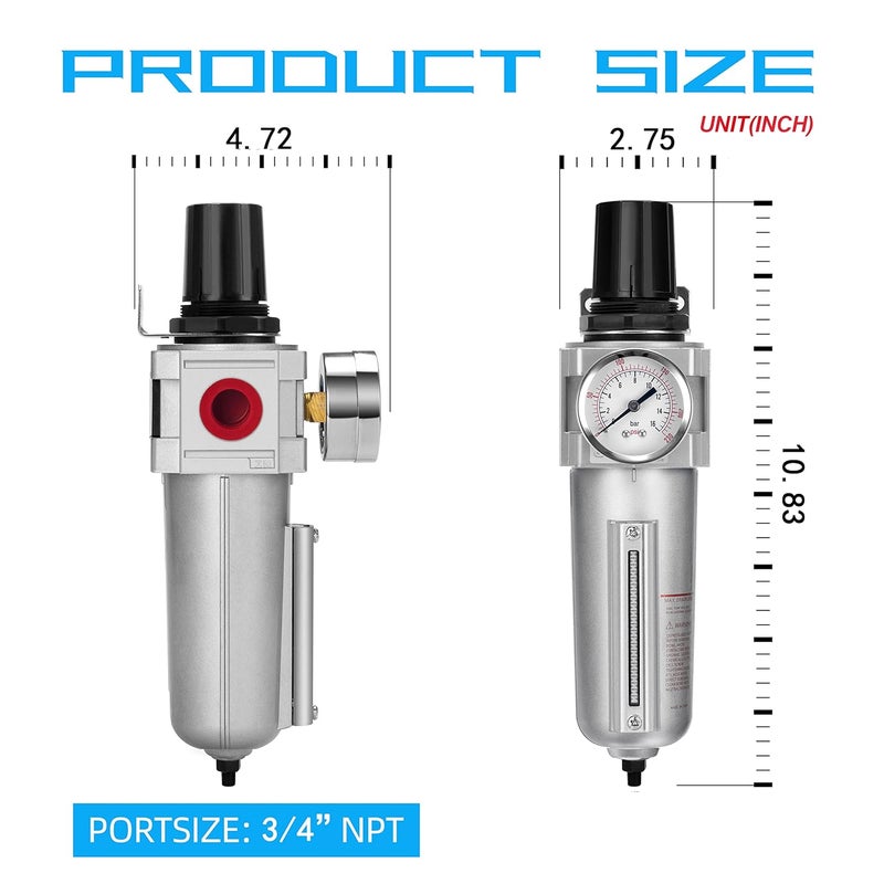 NANPU Industrial Grade Heavy Duty Particulate Filter & Air Regulator, Metal Bowl, Suitable for Paint Spray (3/4" NPT, Auto Drain) - Image 5